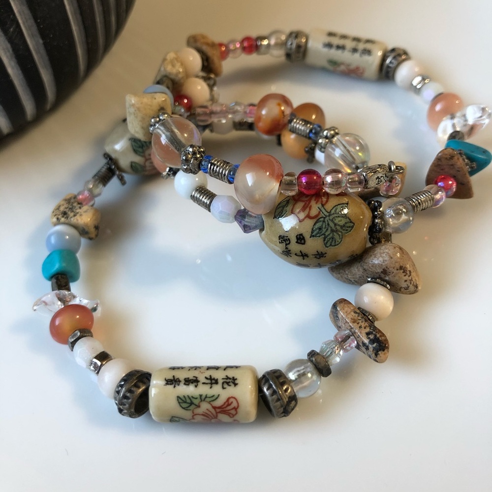 2 Memory Wire Bead Bracelets, w/ Oriental Details